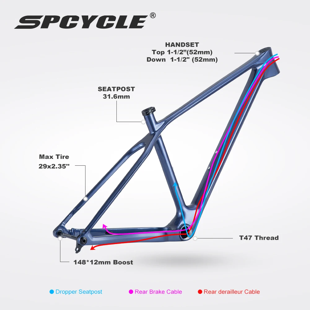 Spcycle 2024 New T1000 Carbon MTB Frame UDH Hanger T47 BB  Full Hidden Cable 29er Hardtail Carbon Mountain Bike Frame