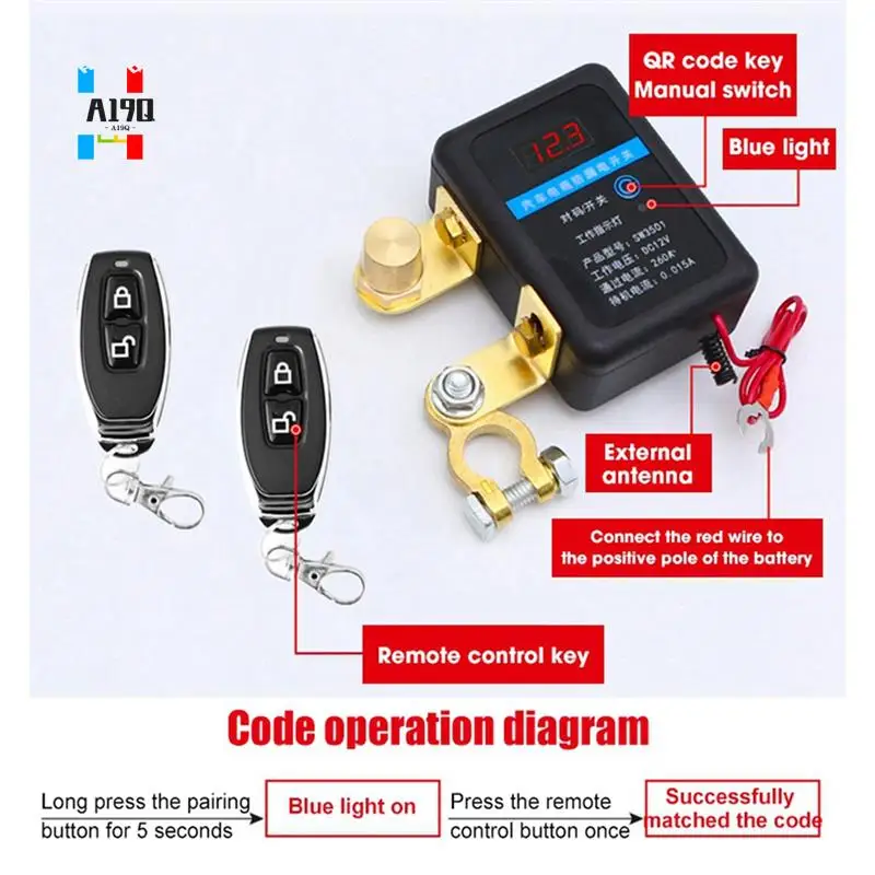 

A19Q-Remote Battery Disconnect Switch 12V 260A Kill Switch Automatic Power Off Prevent Battery Drain With Remote Car Truck