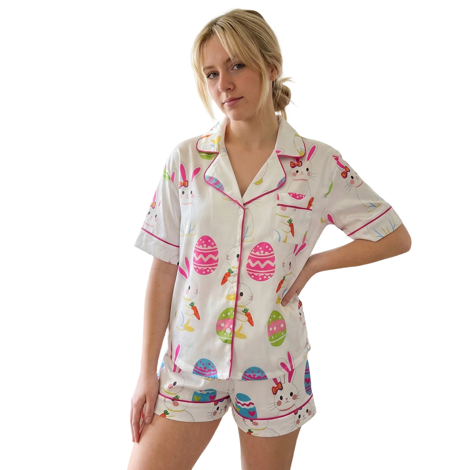 

Women s Easter Pajamas 2 Piece Outfits Rabbit Egg Print Button Up Short Sleeve Lapel Tops and Shorts Lounge Wear Set