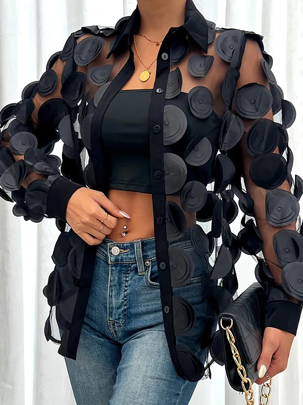 

Новая модная женская рубашка Meng Spring с 3D-цветочным узором, длинным рукавом, прозрачная, сексуальная, сетчатая, декоративная, в европейском стиле, прямого кроя