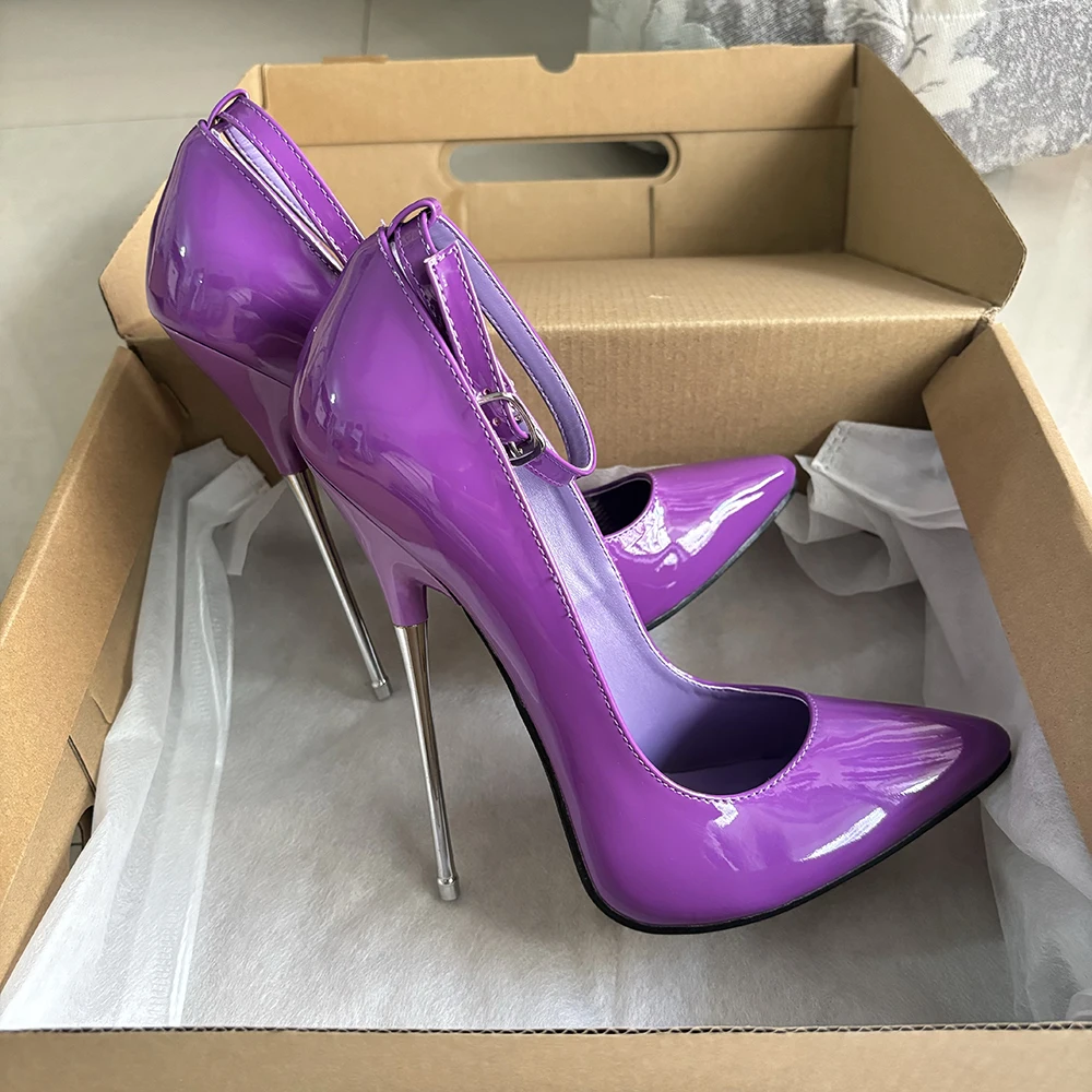 2025 New Arrival Customize 16cm Extreme Metal High Heels Sexy Purple Inside Pumps Ankle Strap Fetish Model Photograph Shoes