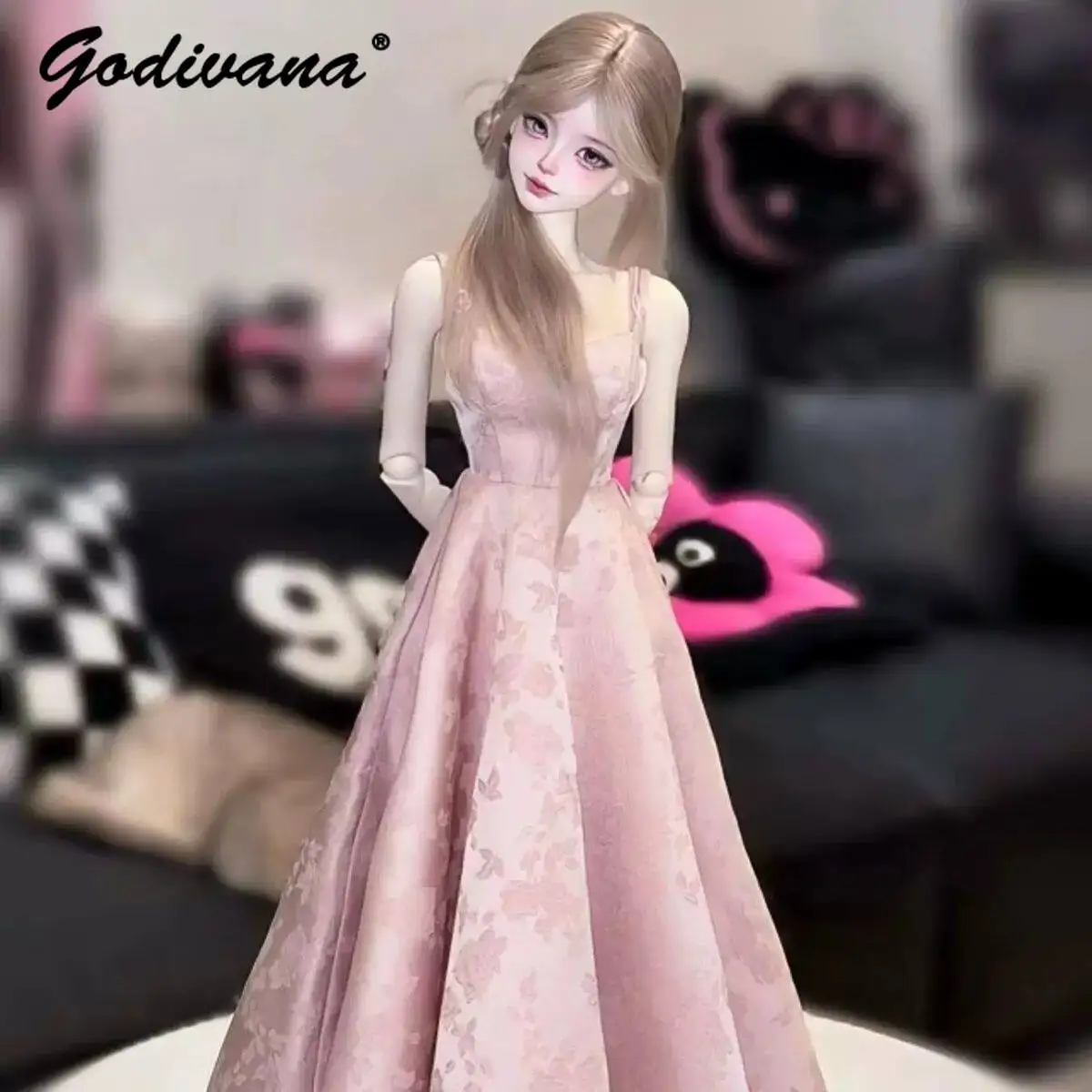 1/3 BJD Doll Clothes Sweet Elegant High End Heavy 3D Rose Mesh Lace Trim Embroidery Maxi Princess Strapless Dress for 1/3 BJD
