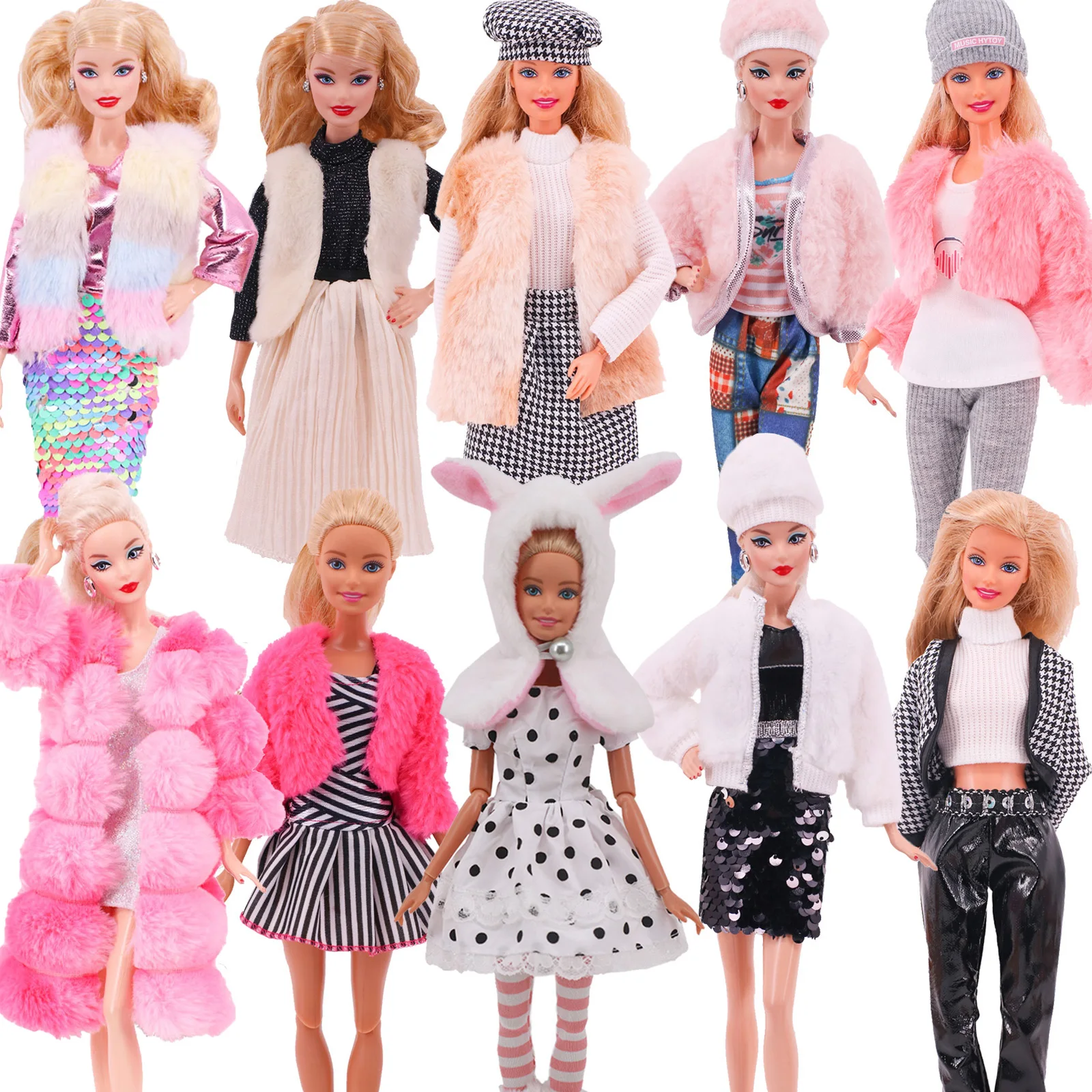 4 Pcs/Set Fur Vest Coat + Dress/Casual Outfit for 11.8 inch Barbies Doll Clothes Accessories Plush Jacket Celebrity,Child's Gift