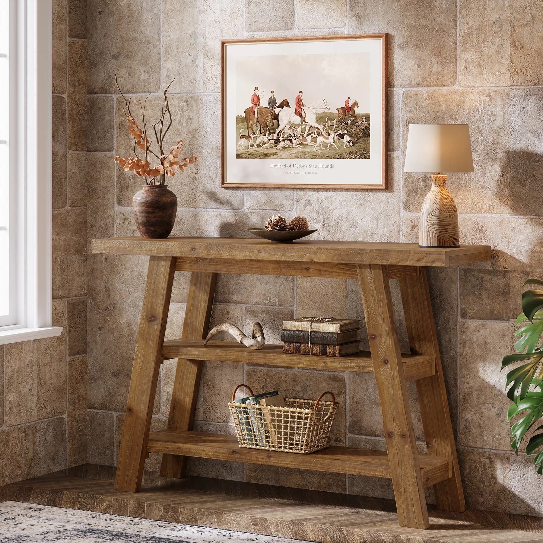 Solid Wood Console Table, 47.24" Farmhouse Narrow Entryway Table with 3-Tier Storage Shelves, Accent Sofa Table for Hallway, Foyer & Living Room (Retro Brown) view 4
