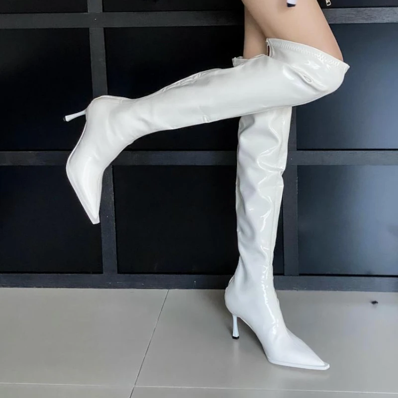 الشتاء مثير براءات الاختراع والجلود أحذية طويلة النساء جودة عالية أشار تو خنجر حذاء برقبة للركبة موضة عودة زيبر أحذية مصممين