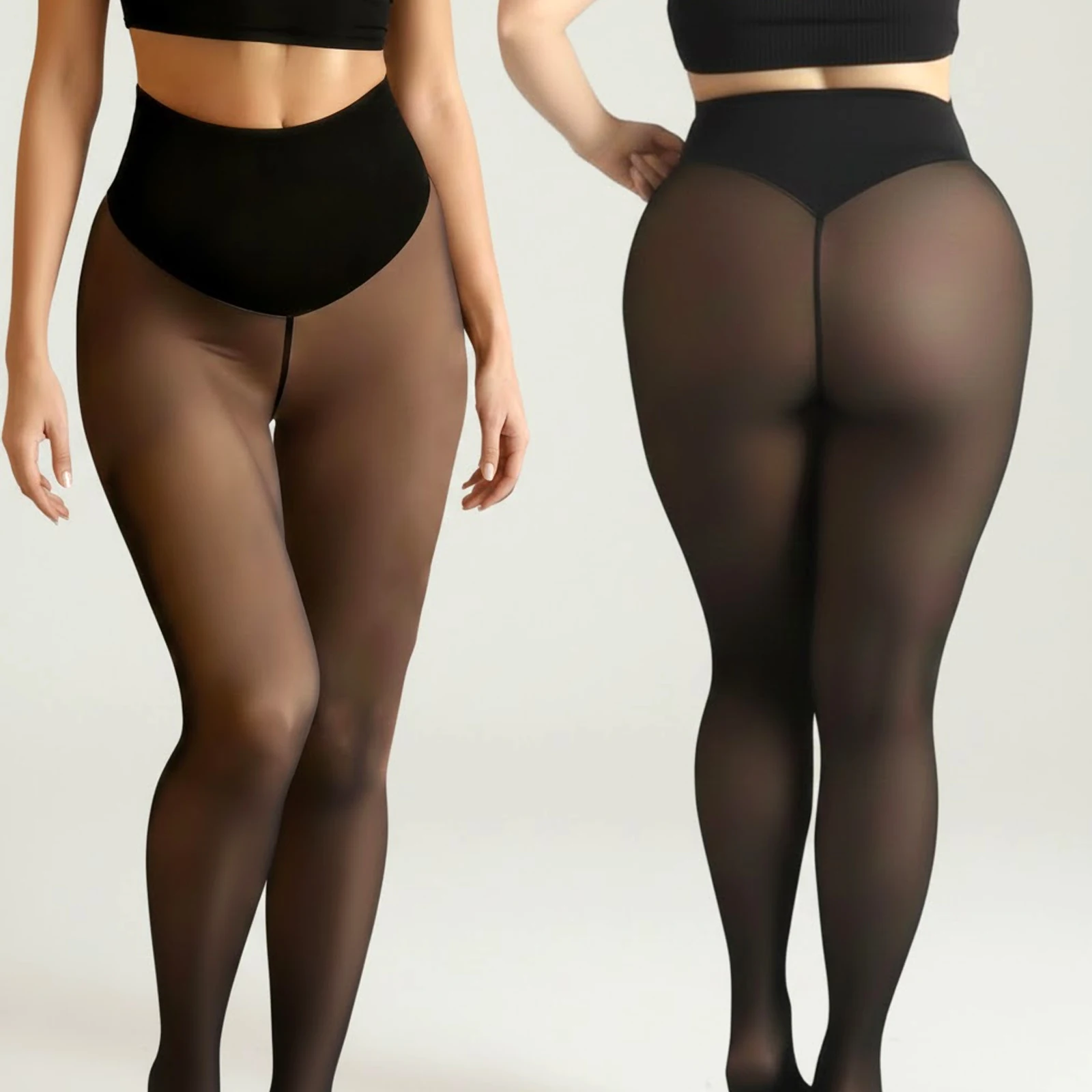 One Seam Fleece Lined Leggings Compression Band Shaping Tights Sheer Warm Stocking Skin Tone Pantyhose Plus Size