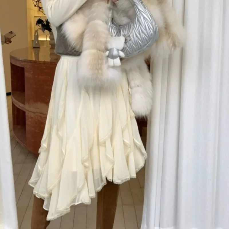 

Y2k белая лоскутная кружевная юбка для женщин, осенние новые модные простые женские юбки 2021, корейская модная юбка-миди с листьями лотоса