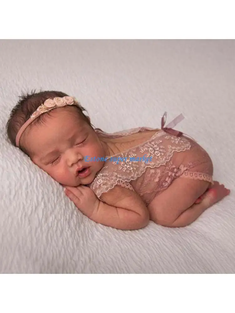 

090B Baby Lace Romper Headband Set Newborn Photography Prop Bodysuit Flower Hair Band