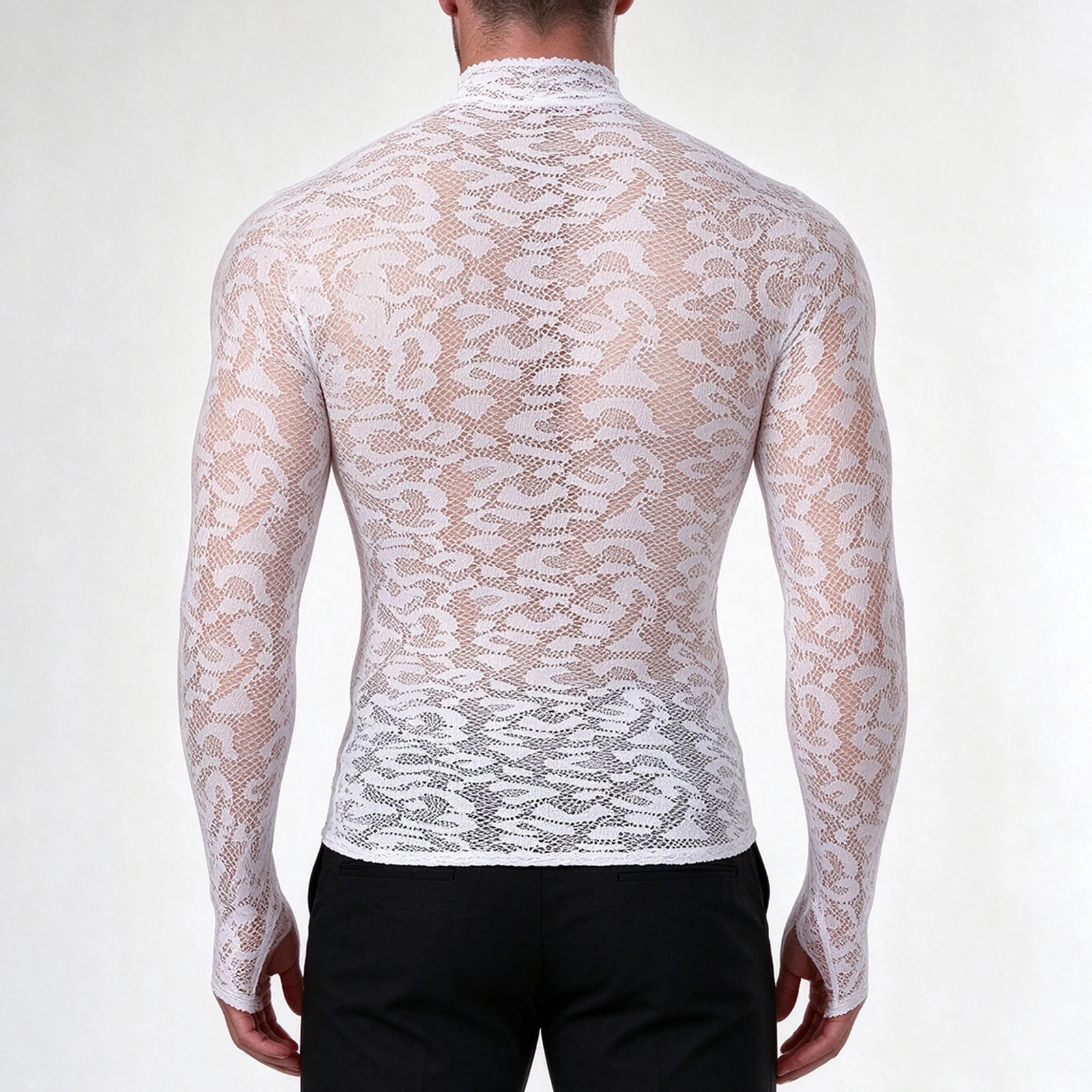 Langarm-Workout-T-Shirt für Herren, Gym-Leopard-Mesh, Stehkragen, Spitze, athletisches, transparentes Oberteil, Trainings-T-Shirt, Lauf-Sportshirt mit Daumenloch – Detail 12