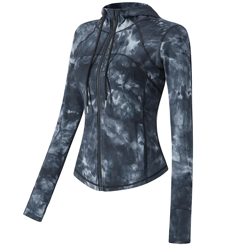 Tie-dye Hooded Sports Running Long Sleeve Jacket Women Gym Yoga Fitness Slim Quick Dry Mesh Splicing Zipper Elastic Coat