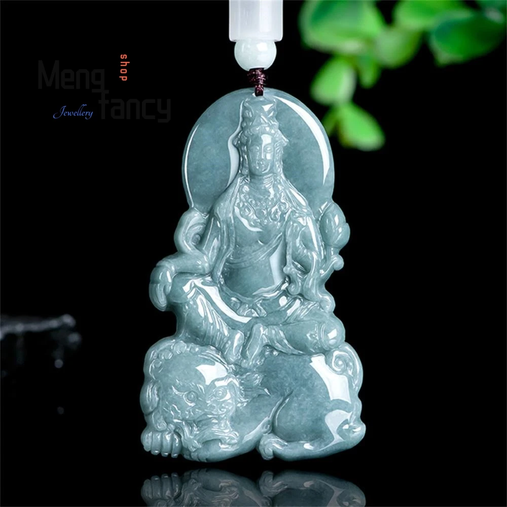 Genuine Natural A-goods Jadeite Blue Water Manjushri Bodhisattva Zodiac Rabbit Guardian Deity Jade Pendant High-grade Jewelry