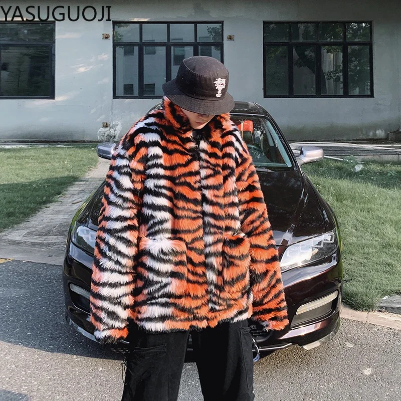 YASUGUOJI Winter Men Faux Fur Tiger Pattern Coat Jacket Male Fashion Loose Warm Coat Male Streetwear Thicken Outwear Oversize