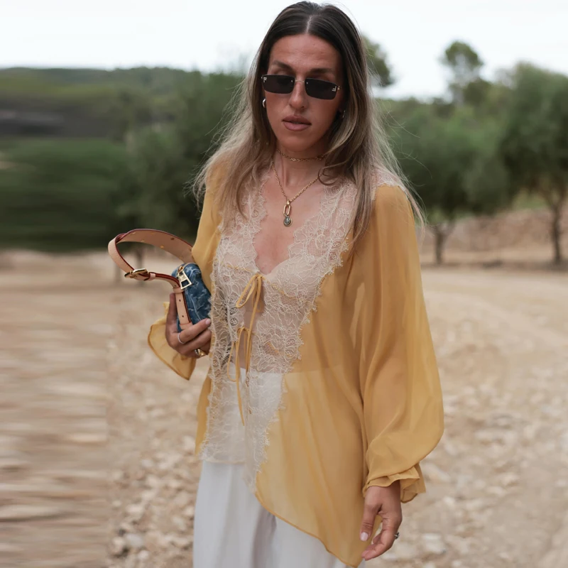 Women's Shirt With Lace Summer Women's Elegant Yellow See Through Oversize Blouse Women's Long Sleeve Top Female Casual Shirts 4