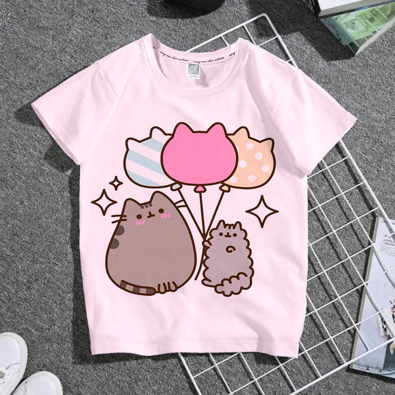 Girl T-Shirt Korean Children's Clothes 2025 Harajuku Cat Pattern Summer O-Neck Children Top T-Shirts for Boys Tees Girly Clothes