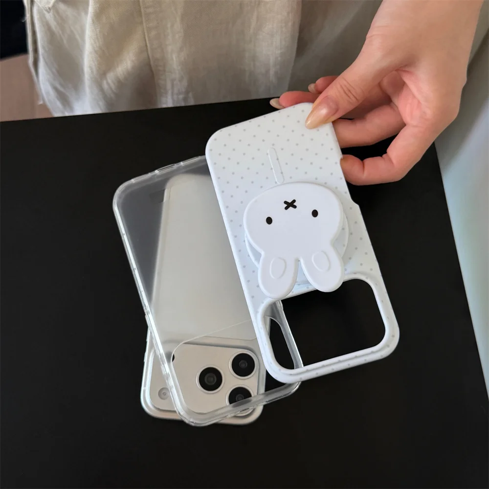 Gray Polka Dot miffy Magnetic Phone Case For iPhone 15 16 17 ProMax 3D for Magsafe Stand Holder Cute Shockproof Protective Cover