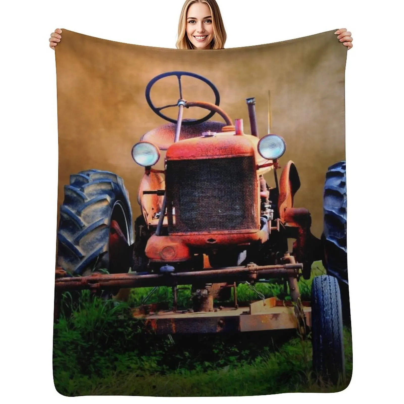 Rusty Old Tractor Throw Blanket Shaggy Picnic Flannel Fabric Heavy Soft Big Cute Plaid Blankets