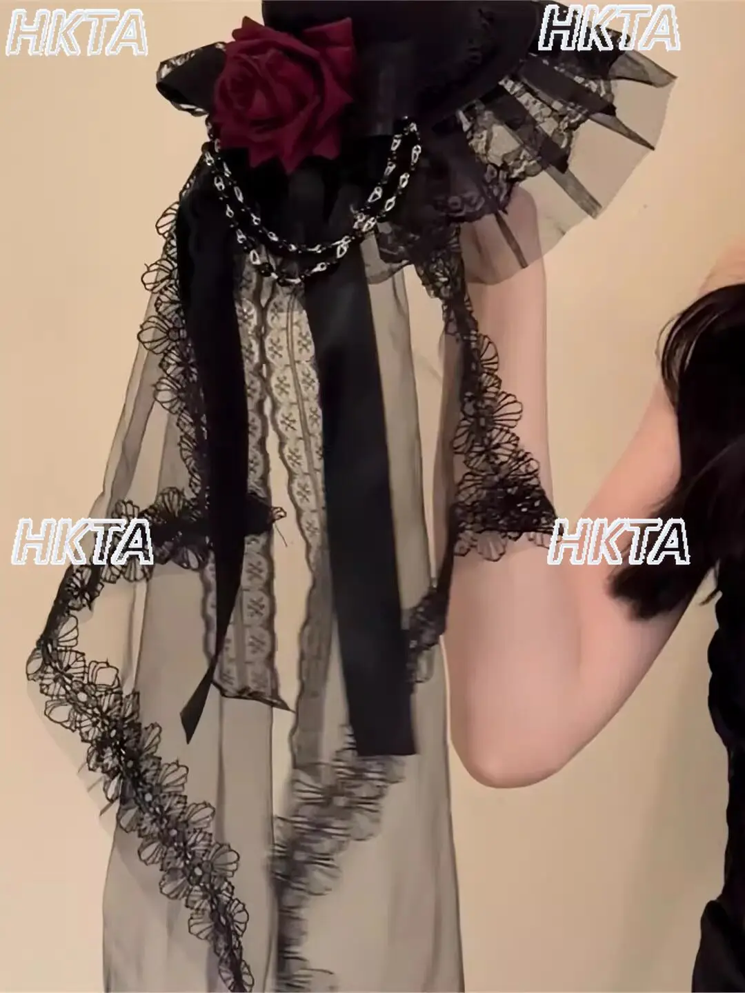 

Gothic Subculture Y2k Punk Lace Veil Rose Lolita Top Hats Hairpin Chain Headwear Black White Edge Clip Hair Accessories Womens