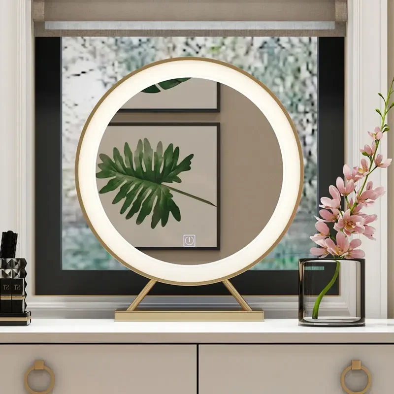 Dia 40 50 cm Golden Smart LED Makeup Mirror Bedroom Hotel Desktop Decor Round With Light Tricolor  Source Storage Base