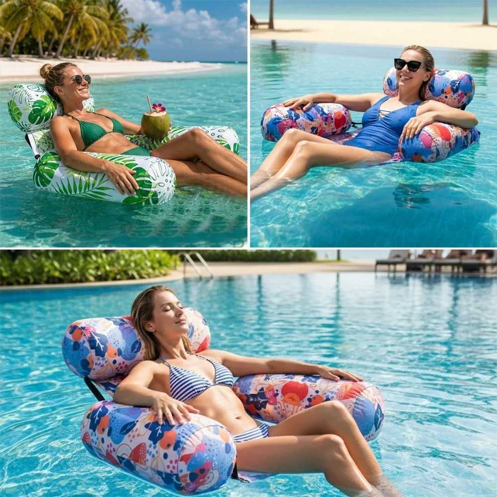 New-style Fabric Cover Floating Bed Recliner Design with Backrest Inflatable Pool Float Leaves Pattern Swim Floating Raft Party