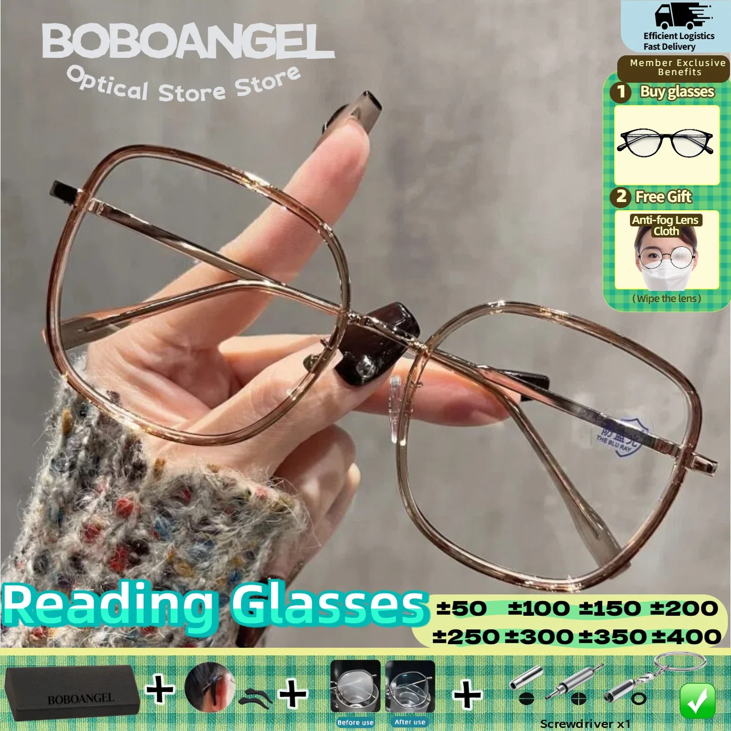 

BOBOANGEL Women Fashion Anti Blue Ray Square Reading Glasses Myopia Hyperopia Eyeglasses Casual Multifocal Prescription Glasses
