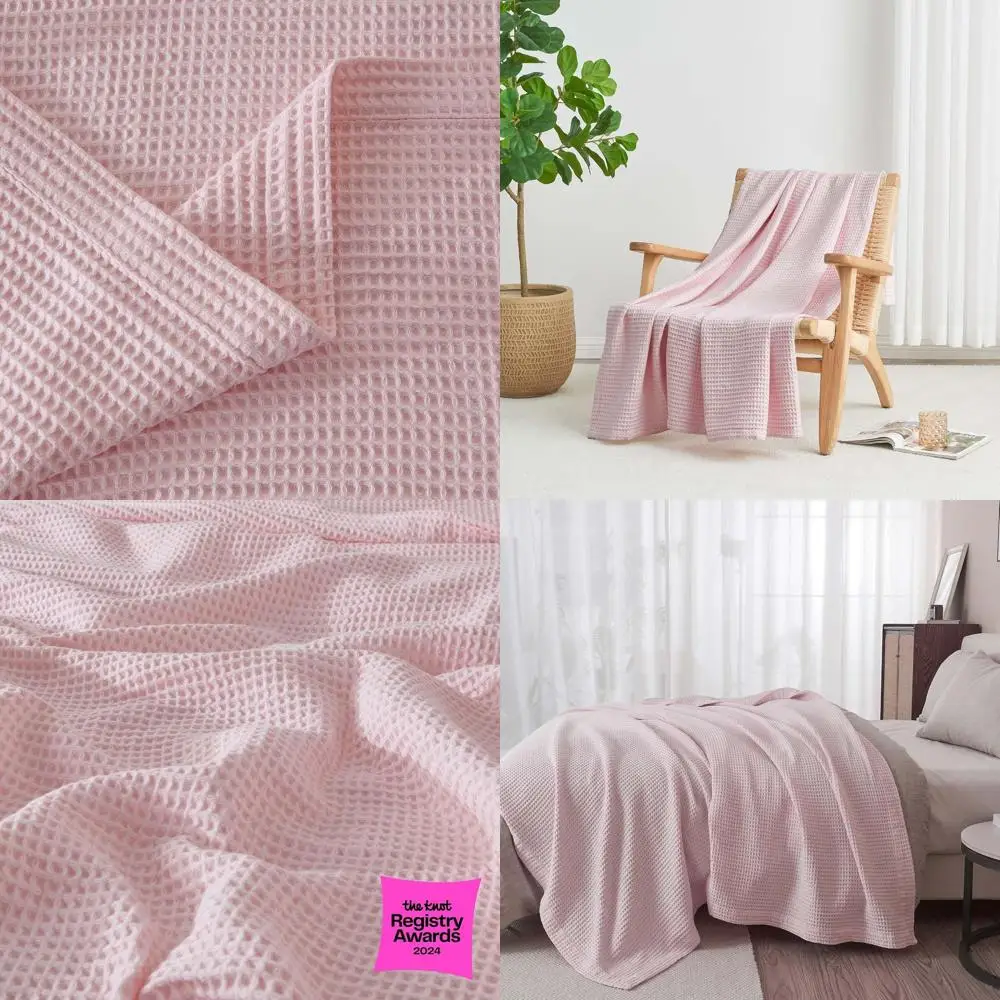 

Розовое хлопковое одеяло двойного размера — мягкое, дышащее, вафельное плетение, идеально подходит для лета и весны, 90x66 дюймов