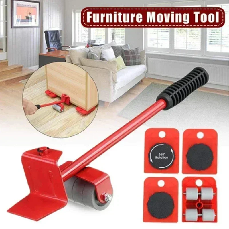 Furniture Mover Tool Set, Heavy Stuffs Moving Roller with Bar, Furniture Lifter with Wheel, Professional Moving Tool, 5Pcs