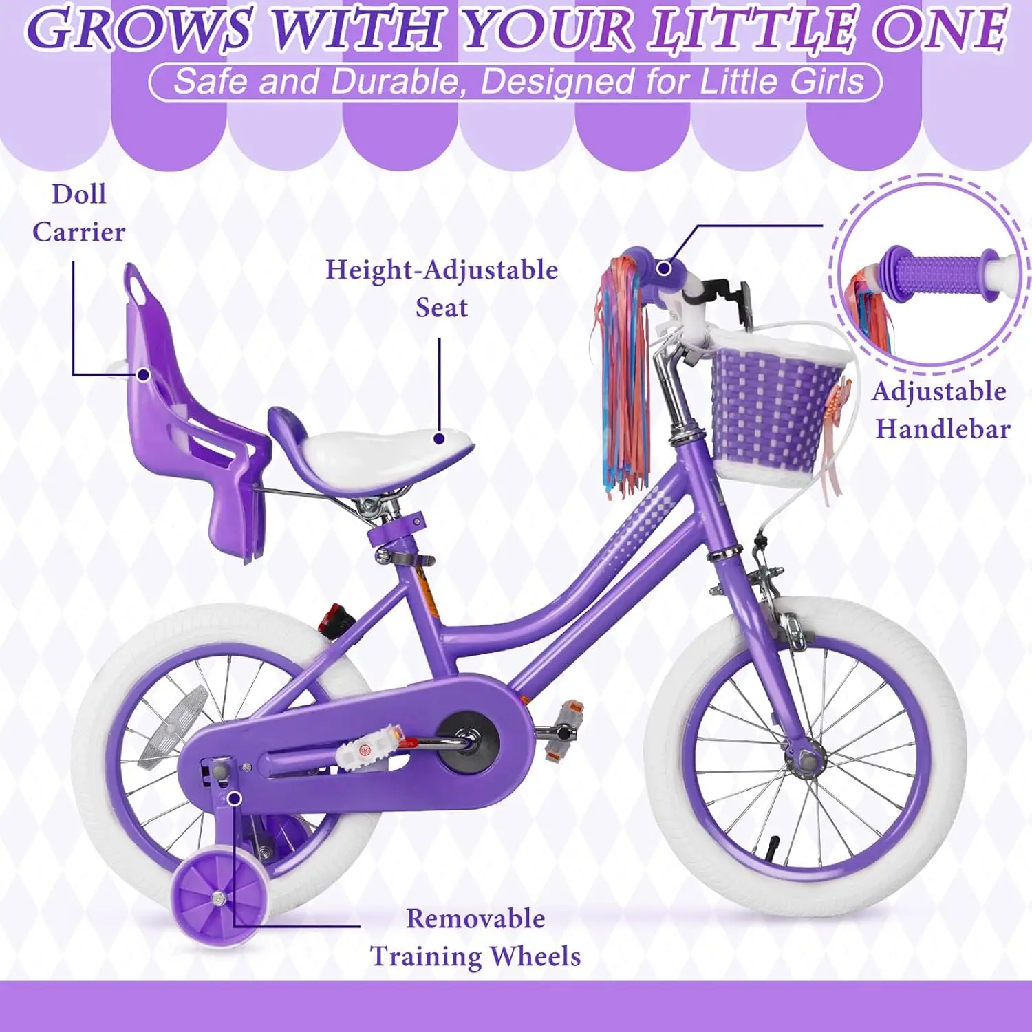 Bicicleta para niñas para niños pequeños de 3 a 9 años, bicicleta para niños de 12 a 14 y 16 pulgadas con ruedas de entrenamiento, serpentinas, cesta y asiento para muñecas, niño
