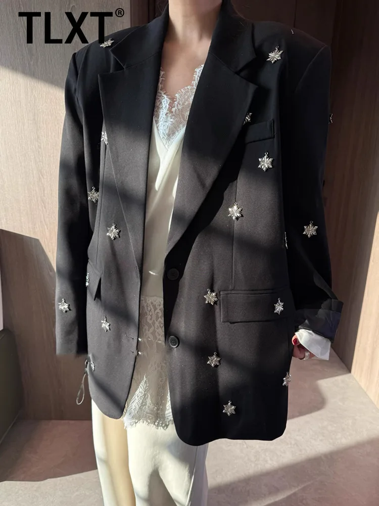 

TLXT элегантный женский однотонный свободный повседневный пиджак с блестками и лацканами с длинными рукавами и карманами в стиле пэчворк, модный женский пиджак, новый