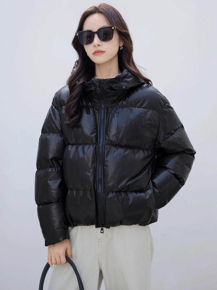 Chaquetas cortas de plumas de ganso de cuero genuino con capucha para mujer, abrigo de plumas de piel de cabra auténtica, sencillo y esponjoso, de gama alta, para invierno, 2025