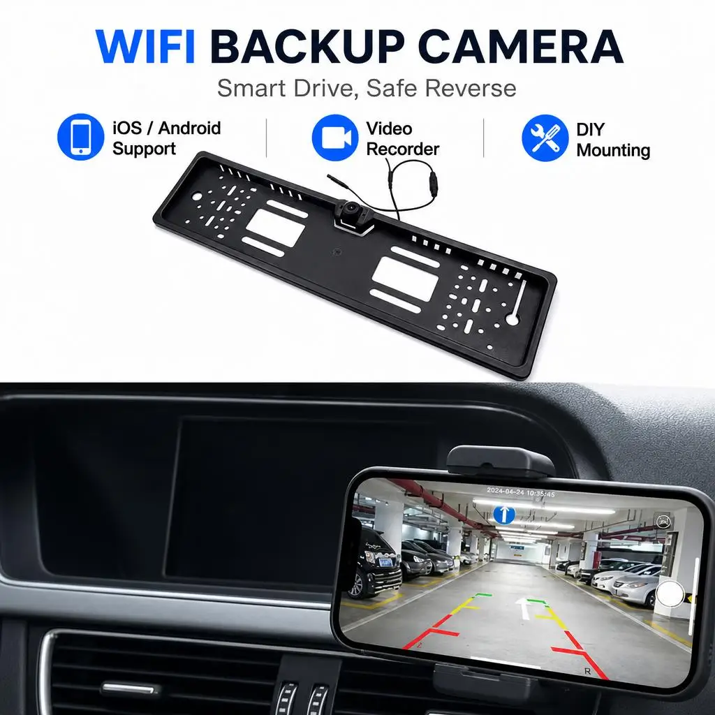 1 Set WiFi-Rückfahrkamera für Autos 170 °   EU-Kennzeichenhalter mit Wasserdichter HD-Nachtsichtkamera für Rückfahrkamera, kompatibel mit iOS/Android