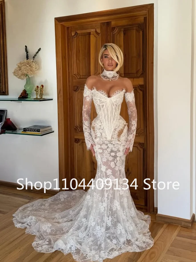 Sirène jardin robes de mariée civile avec enlever à manches longues dentelle haut Corset sans bretelles robe de mariée personnalisé vestido de noiva