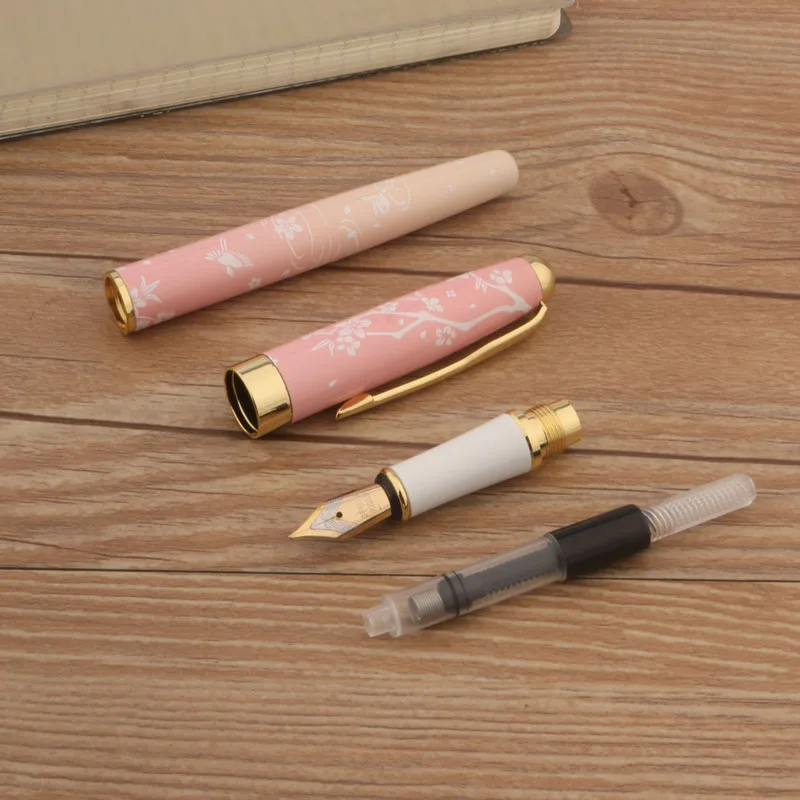 Ink Metal Fountain Pen, Pink Flowers F Nib, Material para Escritório e Negócios, Material Escolar, 83, 1Pc + 10 Pcs