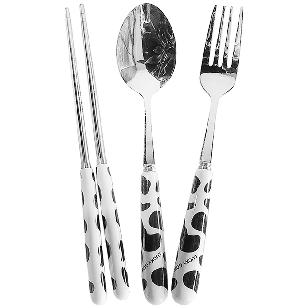 

1Set Cartoon Cow Travel Tableware Portable Silverware Kit Case Fork Spoon Chopsticks Camping Utensils Picnic Hiking Reusable