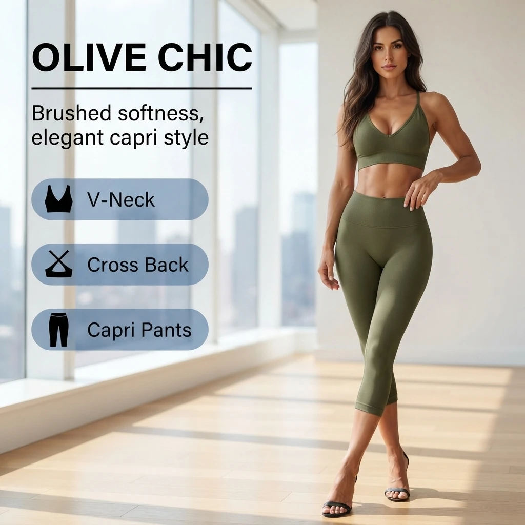Women's V-Neck Sports Bra & Capri Leggings Set - Criss-Cross Back High Waist Butt Lifting Yoga Gym 2-Piece Suit, Multiple Colors