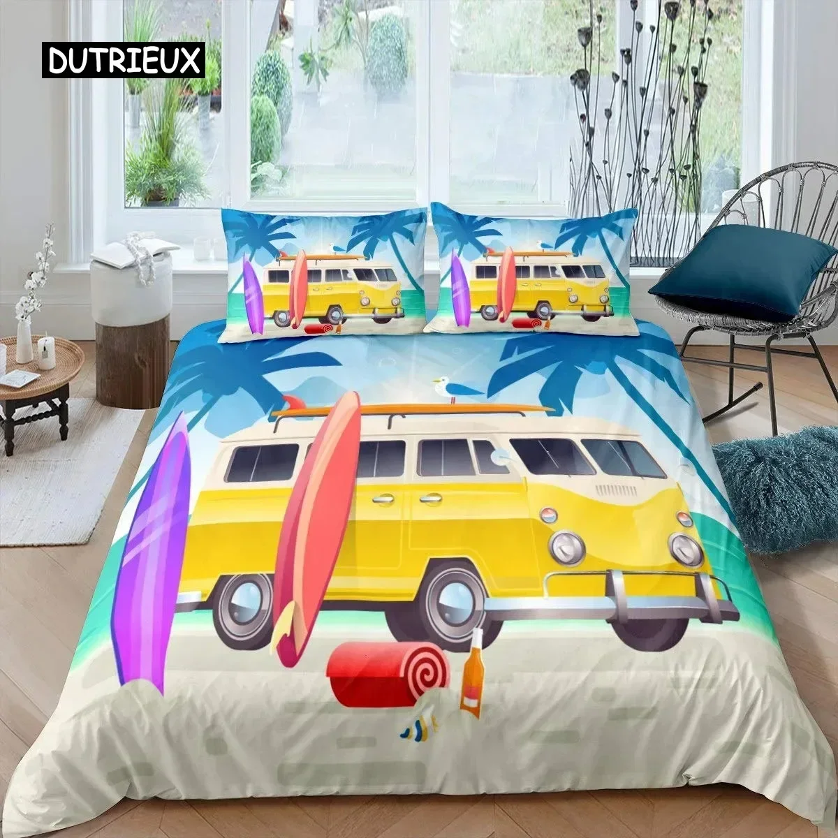 3D Print Surf Duvet Cover Set Beach Printed Hawaii Vacation Bedding Set For Adult Women Girl Tropical Botanical Quilt Cover