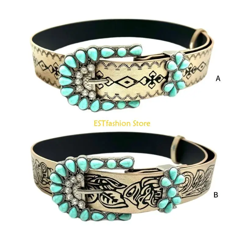 Y5GC Bohemian PU Belt Woman Waist Decors Pants Belt Embossing Pattern Jeans Waistband
