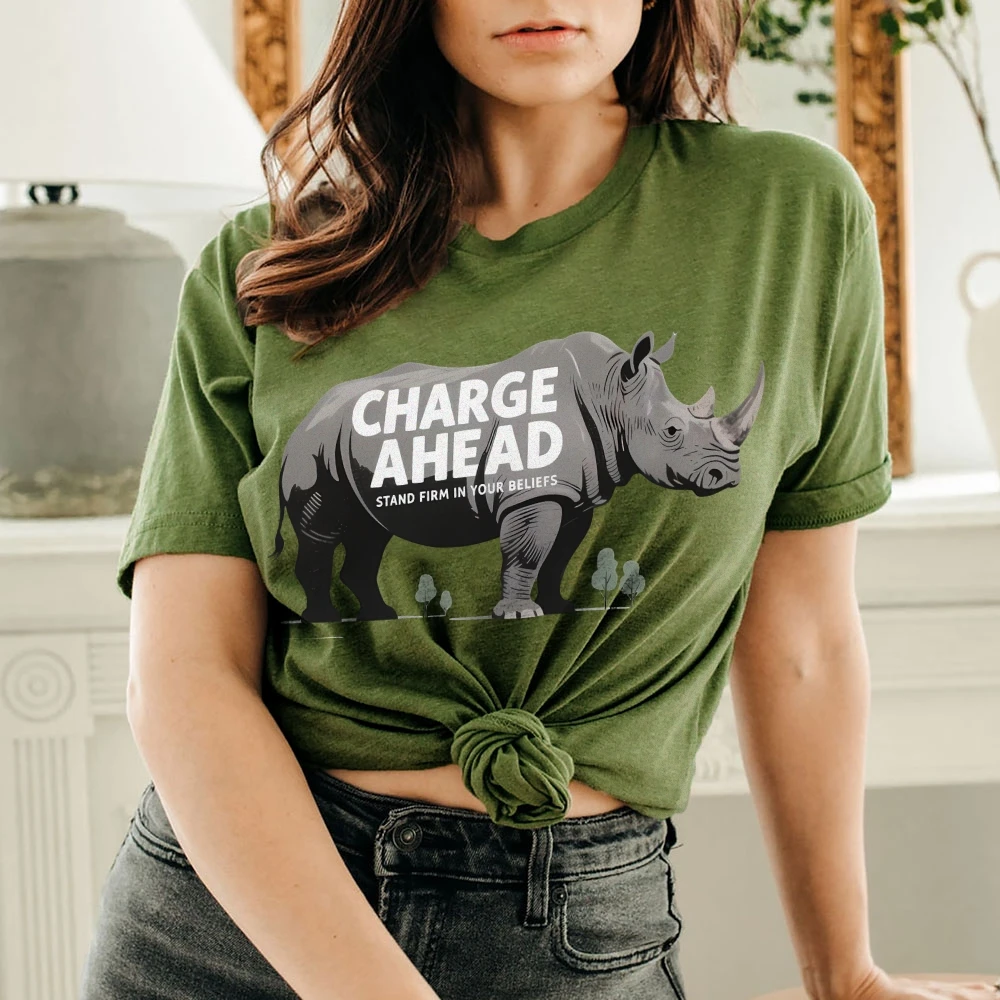 

Charge Ahead Rhinoceros Y2K Women‘s Clothes Cotton Casual T-Shirt Crew Neck Graphic Tees Street Wear Colorful Stand Firm