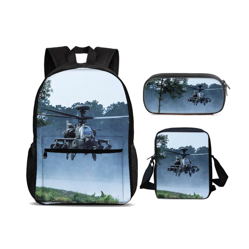 Helicopter large capacity backpack, pencil case shoulder bag 3Pcs set mechanical printing best gift for boys and girls in school