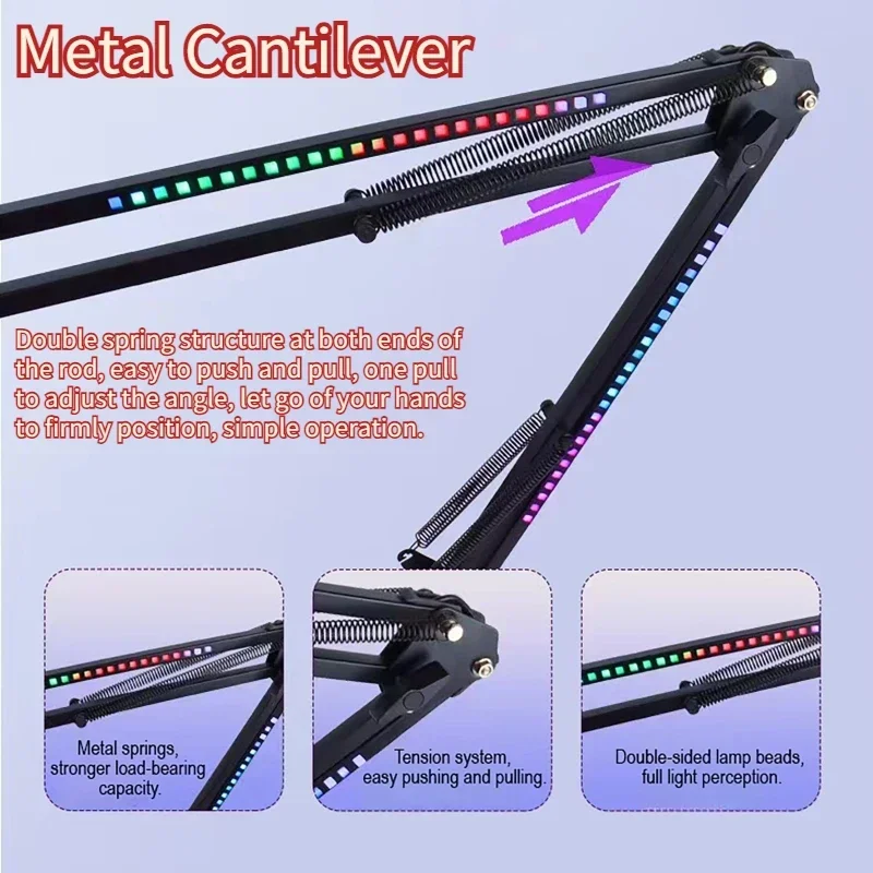 Staffa per microfono Supporto per braccio per microfono RGB con supporto a forbice con braccio a sospensione girevole con luce RGB per podcast streaming Youtube
