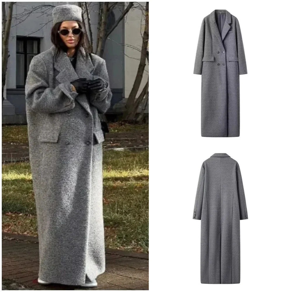 Stylish and Elegant Lapel Coat for Women Autumn-winter Long Sleeve Chic Pocket Double Breasted Casual Street Trench Coat