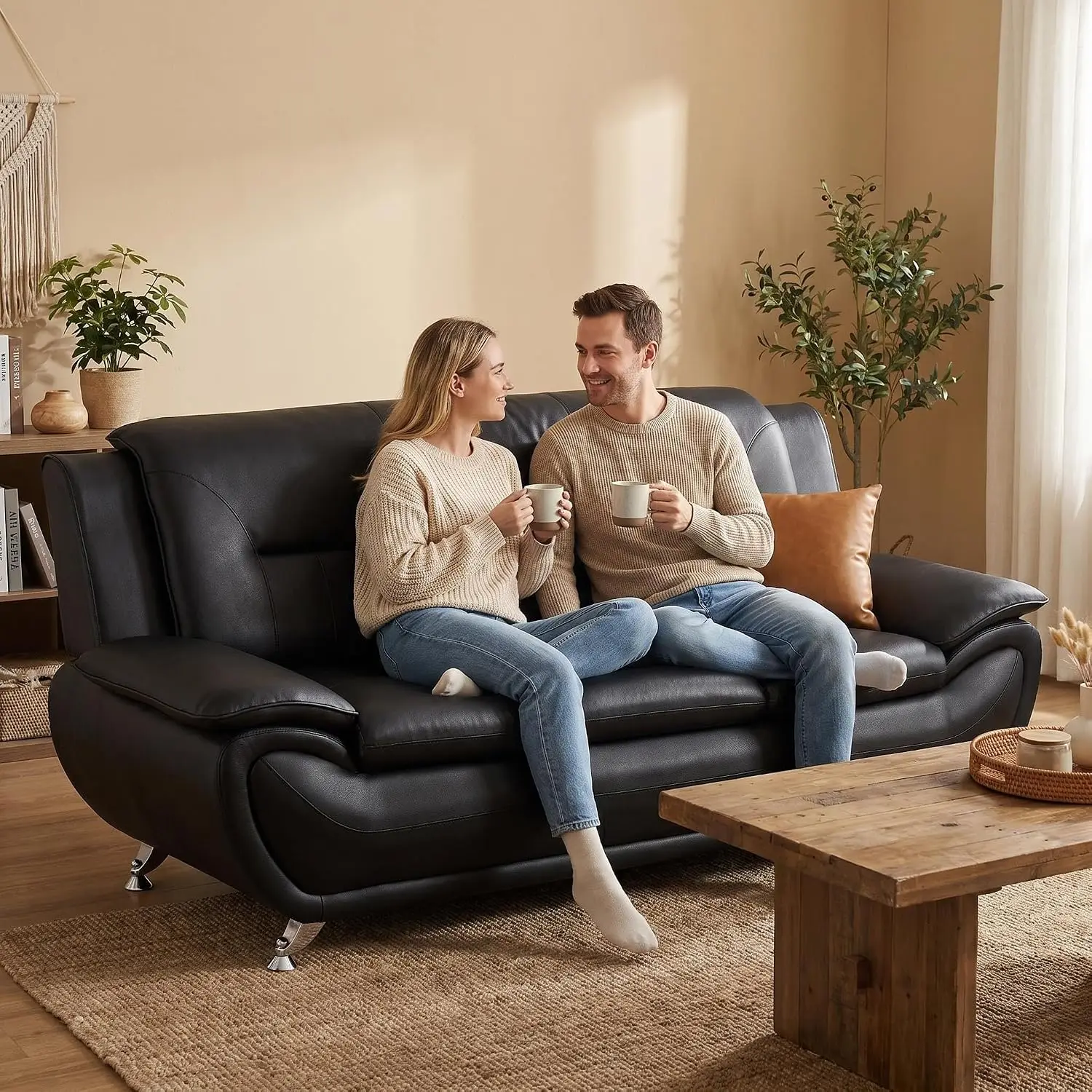 3-Seater Sofa Couch, Modern Faux Leather Living Room Office Reception Sofa with Chrome Legs, Padded Armrests, Black