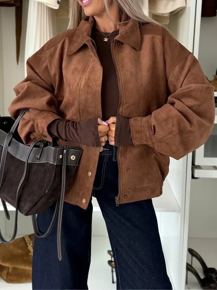 

Freeacy 2025 Autumn Winter Stylish Jacket for Women Lapel Collar Long Sleeves Zippered Loose Fit Coat Casual Outerwears