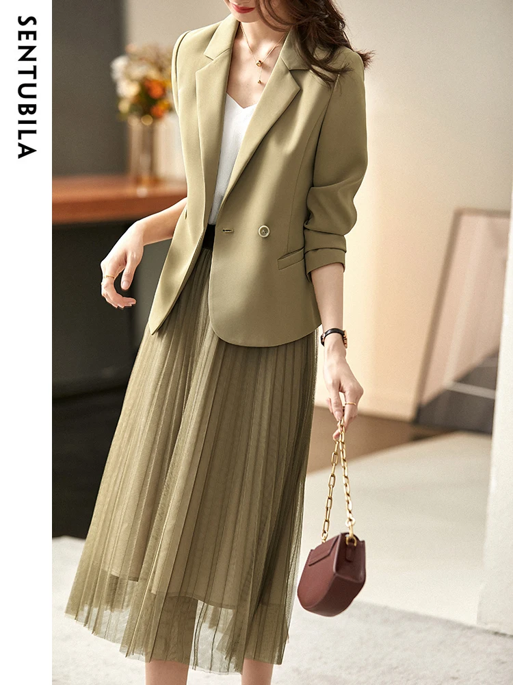 SENTUBILA Elegant Womens Outfits 2024 Autumn Fashion Folds A Line Skirt Suit Office Ladies Fashion Notched Blazer Two Piece Set