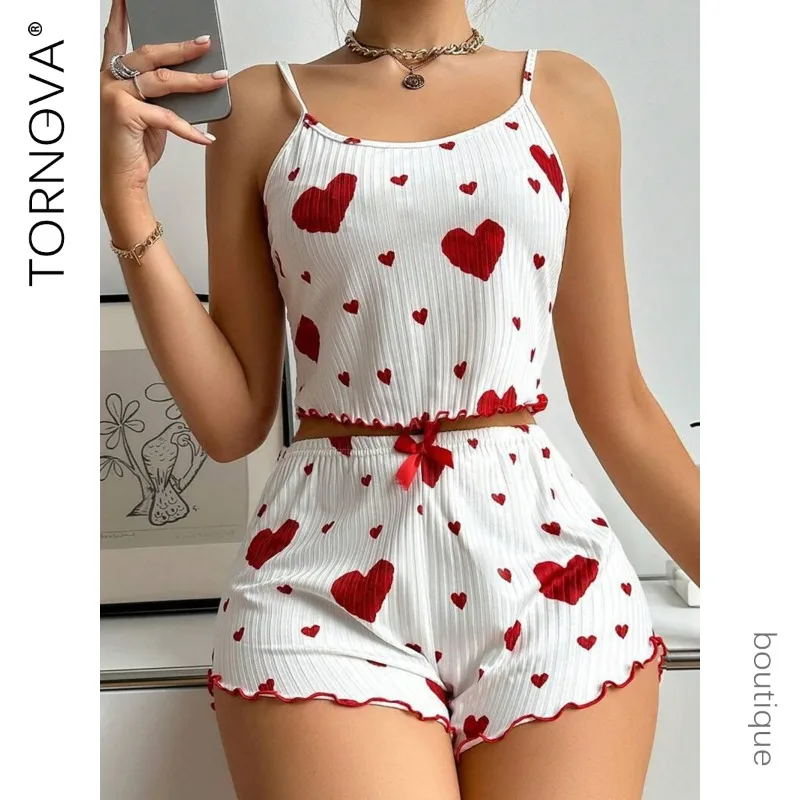 

Tornova 2PCS Girl Printing Love Sexy Pajamas Bow Knot Set Slim High Waisted Leisure Interesting Sexy Spaghetti Strap Pajamas Set