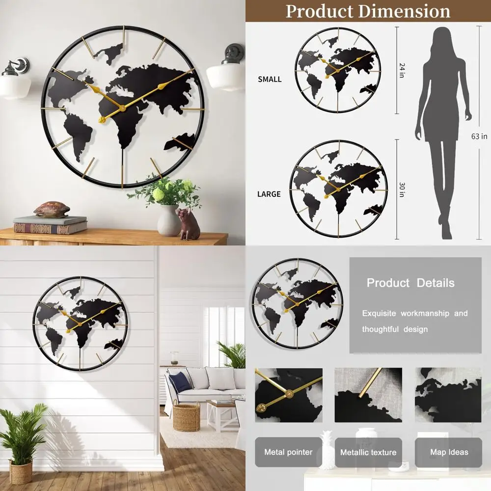 

Contemporary Metal World Map Wall Clock - Round, Silent, Battery-Powered for Home Decor