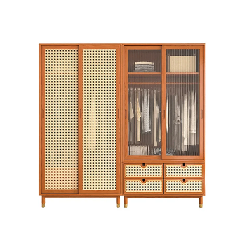 

wabi-sandy wind solid wood double-door wardrobe, bedroom storage, household sliding door rattan wardrobe