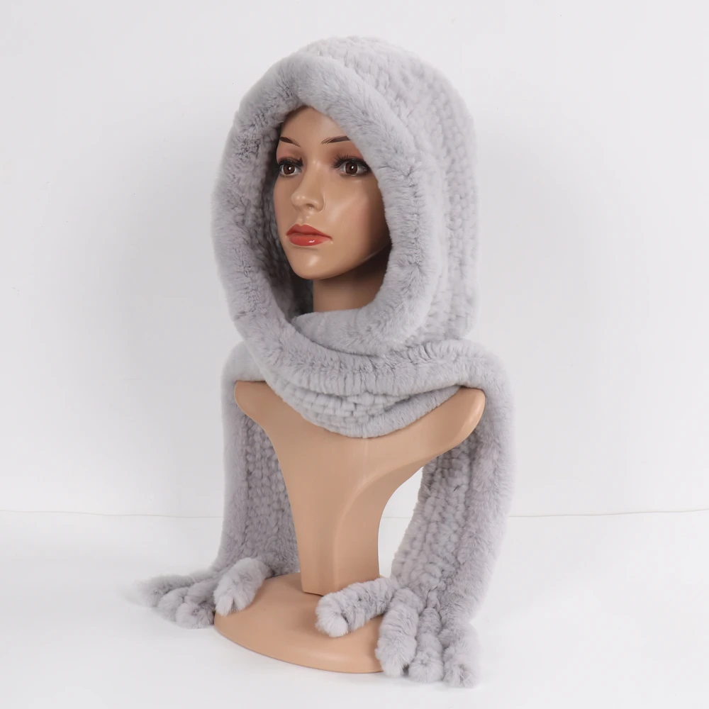 

Winter Women Knitted Real Rex Rabbit Fur Hat Scarf Natural Soft Rex Rabbit Fur Hat Lady Warm 100% Genuine Rabbit Fur Cap Scarves