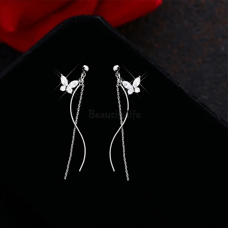 

Versatile super fairy butterfly earrings temperament Korean version of simple long fringed earrings