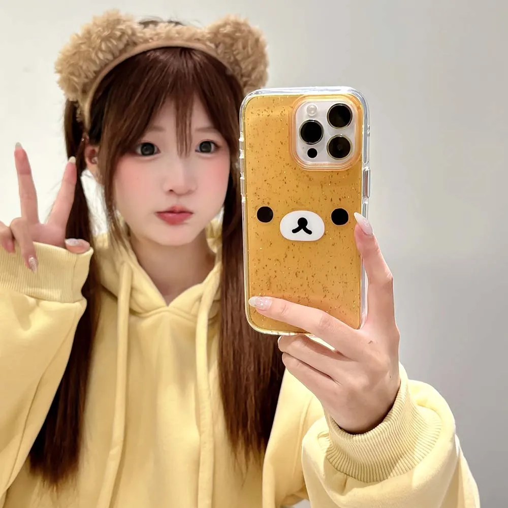 Luxury Glitter Rilakkuma Cartoon Phone Case for IPhone 16 15 14 13 12 11 Pro Max Anti-drop Hard Transparent Back Cover Funda