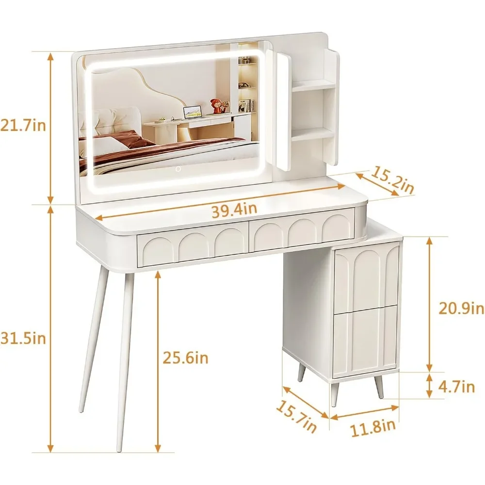 Vanity Makeup Desk 3 Color Lights and Mirror Vanity Table with Charging Station Dressers 4 Drawers